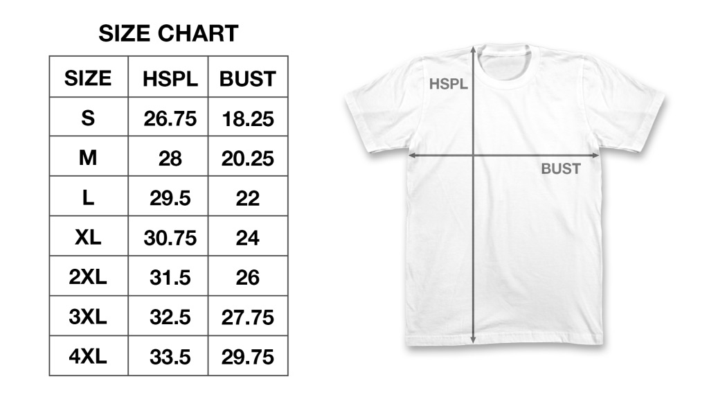 A size chart for t-shirts, displaying sizes S to 4XL with measurements for HSPL (height) and bust in inches.