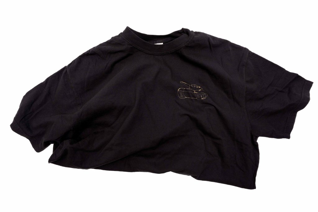 A black cropped t-shirt featuring a small yellow tank graphic on the chest.