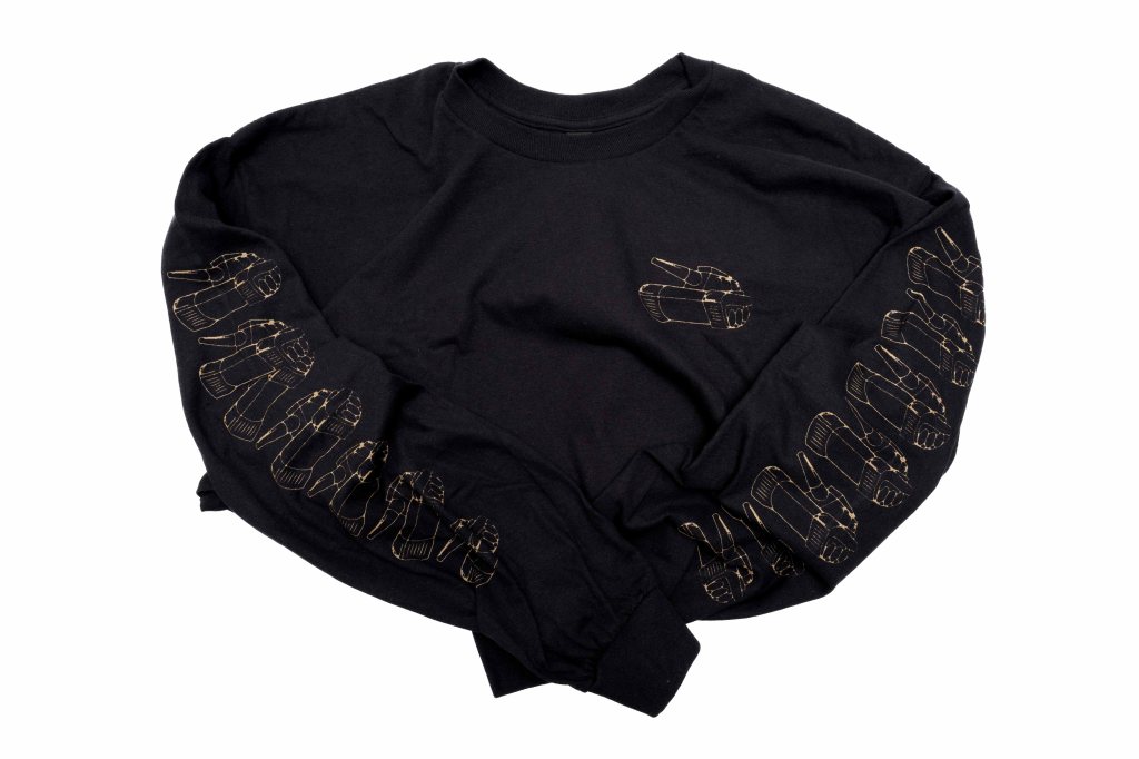 A black long-sleeve shirt featuring a design of hand graphics along the sleeves and a smaller graphic on the front.