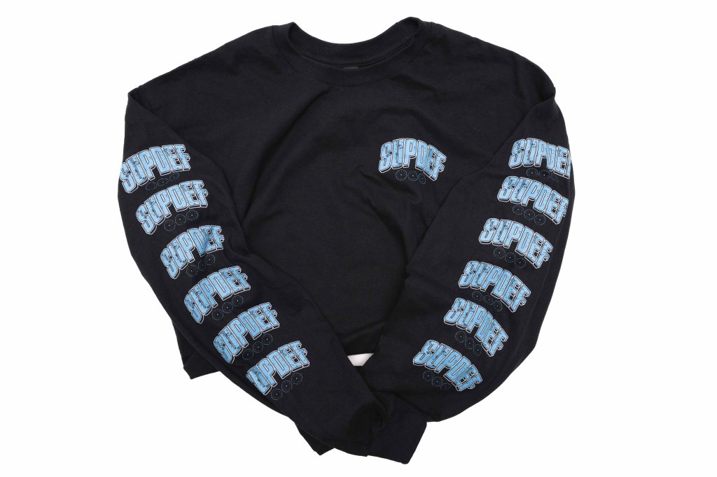 A black long-sleeve shirt featuring repeated blue graphic text 'SUPDEE' along the sleeves and a smaller version on the front.