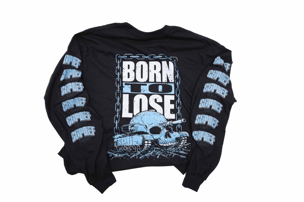 Black long-sleeve shirt featuring the text 'BORN TO LOSE' in bold white letters, with a design of a skull and tank, surrounded by chains, and repeated text 'SIPDEE' in a lighter blue along the sleeves.