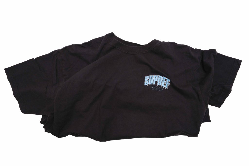 A black t-shirt displayed flat, featuring a blue graphic design with the text 'Supdeef' on the front.