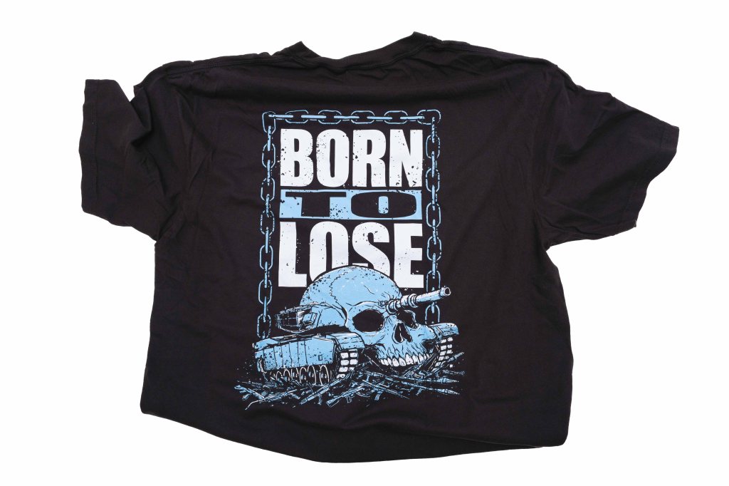 Black t-shirt featuring a graphic design of a skull and tank with the text 'BORN TO LOSE' in bold blue letters surrounded by a chain.